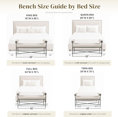 24/7 Shop at Home Lalia Upholstered 48-inch Metal Bench with Padded Roll Arms, Beige Fabric Seat, Hammered Forged Steel Frame, Modern Bedroom or Entryway, Matte Gold