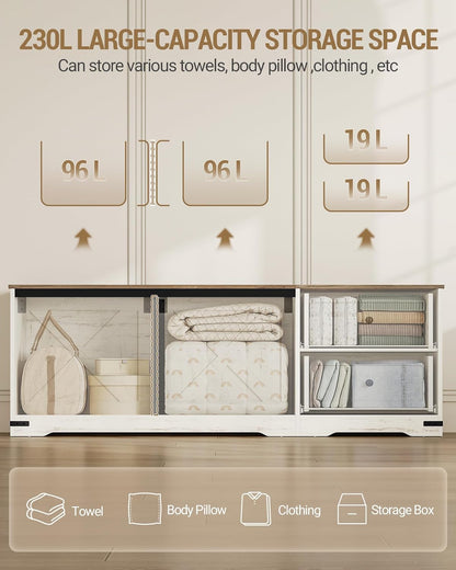 Hzuaneri Storage Chest, 58" Extra Large Storage Bench with Double Drawers, Farmhouse Style Wooden Chest Bench with Barn Door, Large Trunk for Living Room, Bedroom, or Entryway, Antique White SB15114X