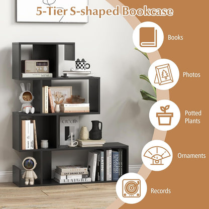 Tangkula S-Shaped Bookshelf, 5-Tier Modern Geometric Stepped Bookcase with Anti-Tipping Kits, Freestanding Corner Ladder Display Rack for Living Room Home Office (1, Black)