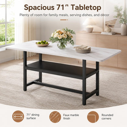 Dining Table for 6, 71" Rectangle Kitchen Table with Storage Shelf, Dinner Table Full White Faux Marble Top & Black Metal Frame for Dining Room Home Office – White