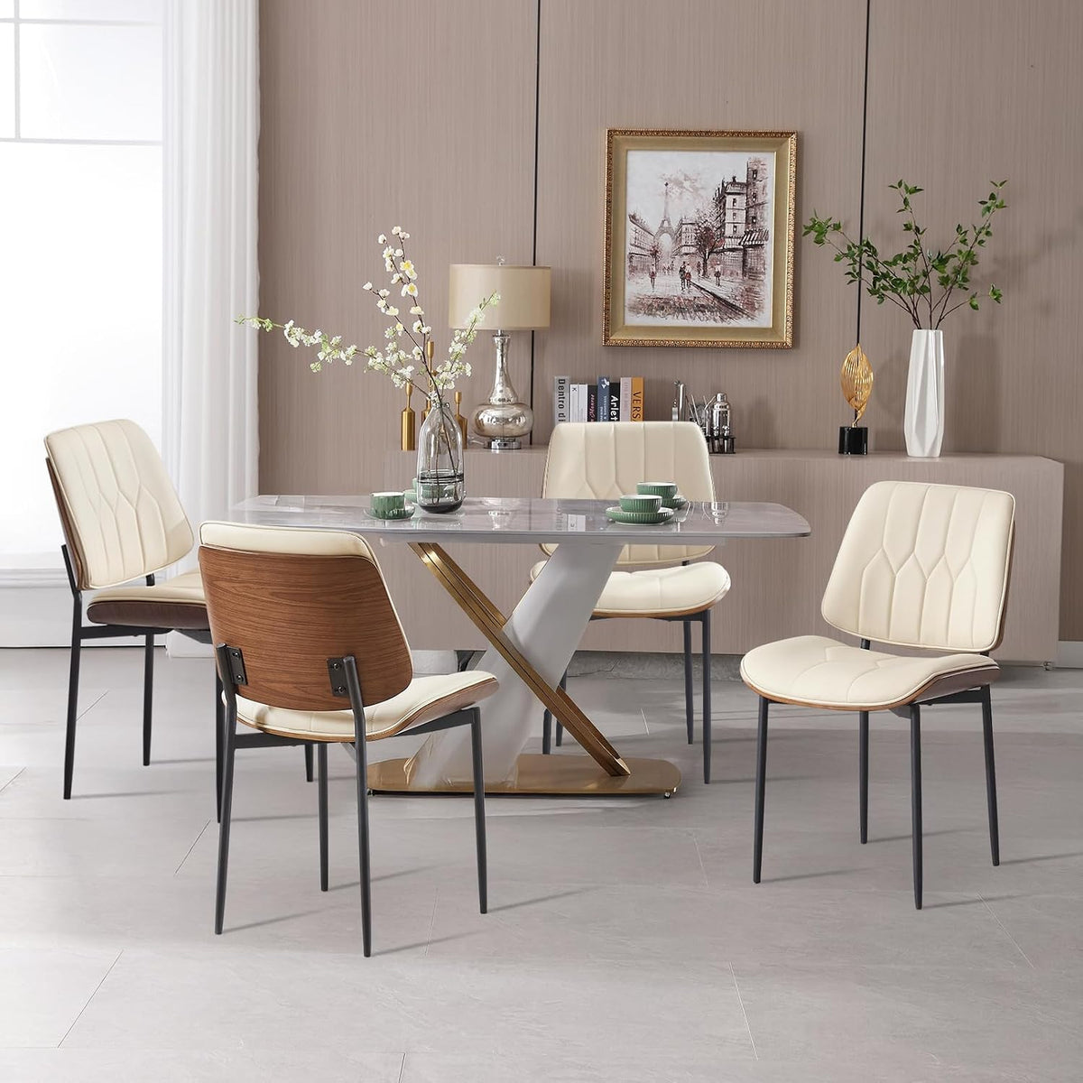 BV Mid Century Dining Chairs Set of 6, PU Leather Bentwood, Beige | Upholstered PU leather seat with walnut bentwood back, armless, retro mid-century style for kitchen, dining & living room