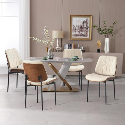 BV Mid Century Dining Chairs Set of 6, PU Leather Bentwood, Beige | Upholstered PU leather seat with walnut bentwood back, armless, retro mid-century style for kitchen, dining & living room