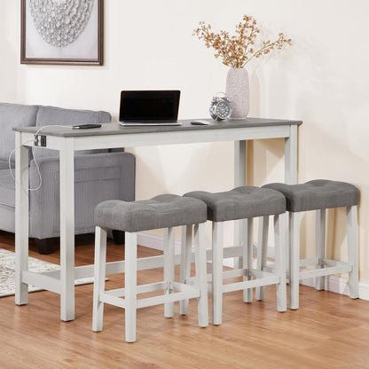 59" Dining Bar Table Set with Power Outlet, Behind Couch Sofa Table with 3 Padded Stools, 4 Piece Bar Table and Chairs Set for Living Room, Dining Room, Gray