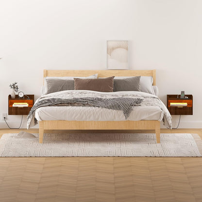 Veegle Floating Nightstand with Charging Station and LED Lights (Walnut Brown)