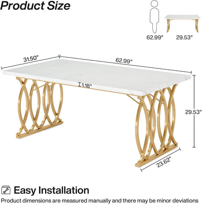 Tribesigns 63" Dining Table for 4 to 6, White and Gold Kitchen Table | Modern Large Rectangular Dinner Table Kitchen & Dining Room Furniture with Faux Marble Tabletop and Geometric Legs