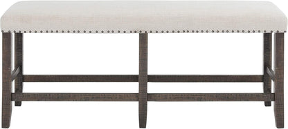 Jofran Willow Creek Distressed Pine Counter Height Dining Bench, Rustic Upholstered Bench for Dining Room Kitchen, Cream Fabric and Brown Wood