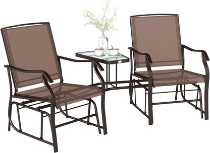 Outsunny Outdoor Glider Chair with Table 2-Seat Patio Loveseat Coffee Brown | Rocking Chair Swing Love Seat, Breathable Sling, Backyard Garden Porch