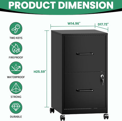 2-Drawer Mobile File Cabinet with Lock & Wheels,Under Desk File Cabinets for Home Office,Steel Rolling Cabinet for Legal/Letter Files(Black)