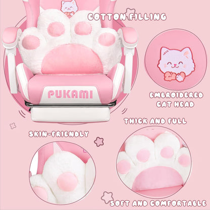 PUKAMI Pink Gaming Chair Cute with Cat Ears and Cat Paw Lumbar Cushion, Ergonomic Computer Chair for Girl with Footrest and Headrest, Comfortable Reclining PC Game Chair for Adult, Teen (Pink)
