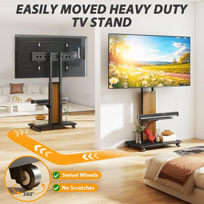TVON Heavy Duty Rolling TV Stand for 55-100 inch Large Screens | Supports up to 172 lbs (150 lbs TV + 22 lbs Shelf), Mobile TV Cart with Wooden Base and Alloy Wheels, Black and Walnut