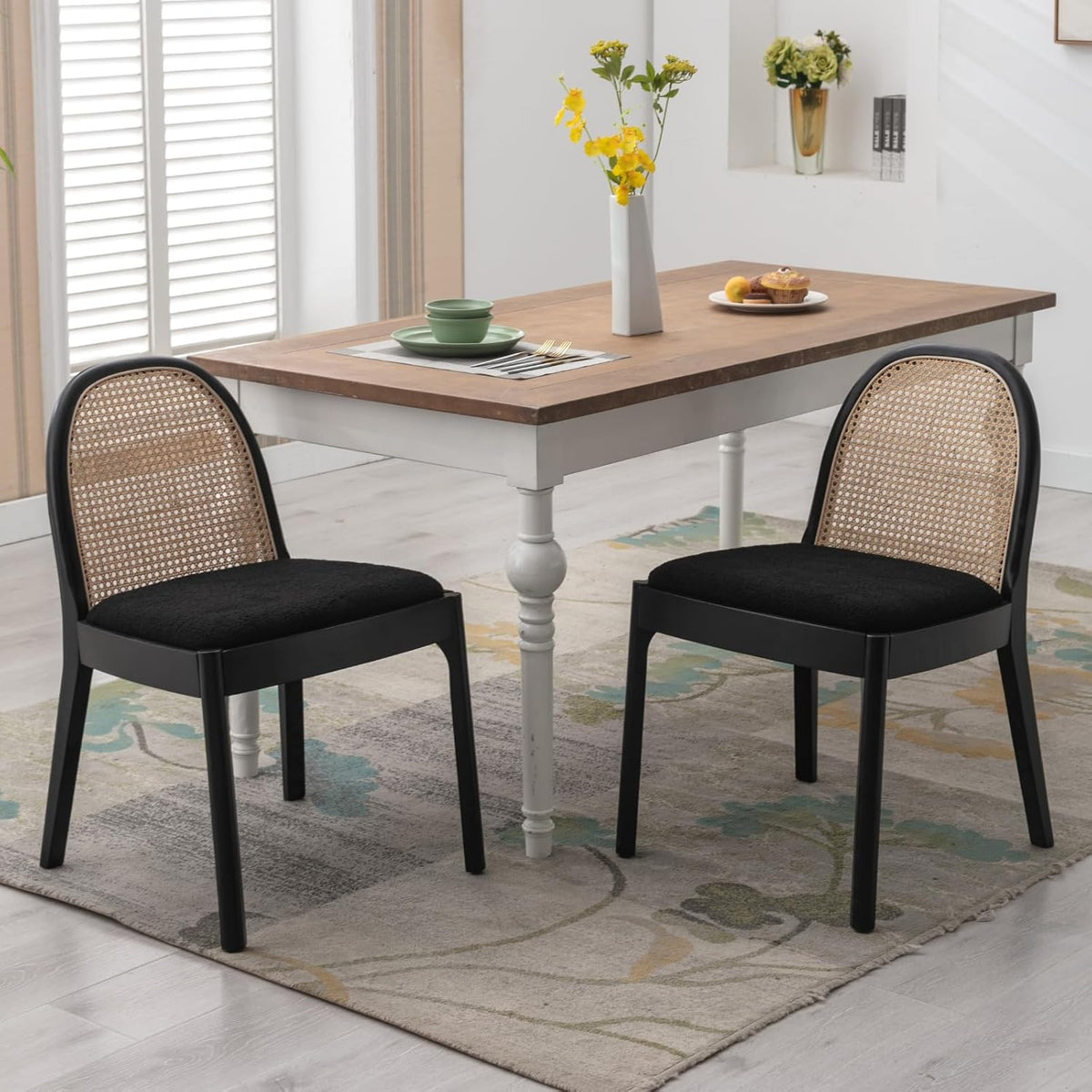 HEAH-YO Rattan Dining Chairs Set of 2, Upholstered Sherpa Dining Room Chairs with Backrests, Modern Kitchen Chairs with Wood Legs for Dining Room, Black