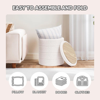 PINPLUS Round Storage Ottoman Foot Rest Stool with Tray Velvet Sherpa Folding Storage Ottoman,Boucle Foot Rest for Living Room, Bedroom, Dorm（Cream White）