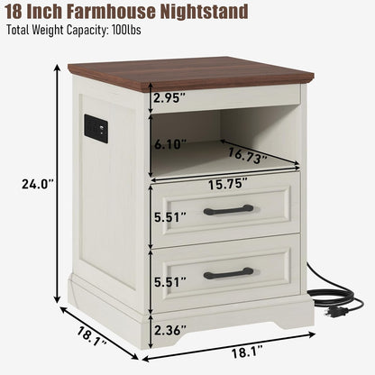 Gadroad 18" Farmhouse Accent Nightstand with Charging Station, End Table with 3 Drawers Storage, Side Table, Bedside Cabinet for LivingRoom Bedroom Office, Brown