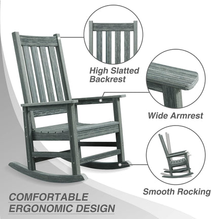 Oversized Outdoor Rocking Chair, HDPE 350lbs Heavy Duty Porch Rocker with High Back, All Weather Resistant Patio Rocking Chair for Lawn, Garden & Deck (Grey)