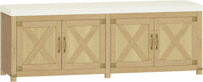Hzuaneri Shoe Storage Bench, 2 Tier Shoe Bench with Padded Seat Cushion & 4 Barn Doors, 59" Entryway Bench with Adjustable Shelf, Farmhouse Shoe Cabinet for Living Room, Bedroom, Camel Yellow SB31502M