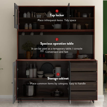 AGOTENI Large Kitchen Hutch Cabinet, Storage Cupboard Pantry with 4 Glass Doors, 4 Drawers & Microwave Shelf, for Kitchen Open Storage, Rustic Brown (63" W x 15.7" D x 74.8" H)