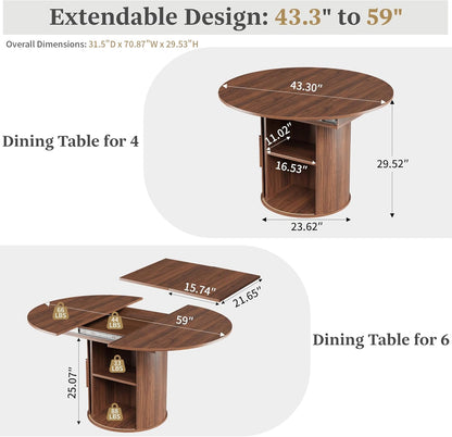 weselon 43"-59" Extendable Round to Oval Dining Table with Hidden Storage, Modern Wooden Kitchen Table with Fluted Sliding Door Cabinet, Expandable Dinner Table for Dining Room Living Room (Walnut)