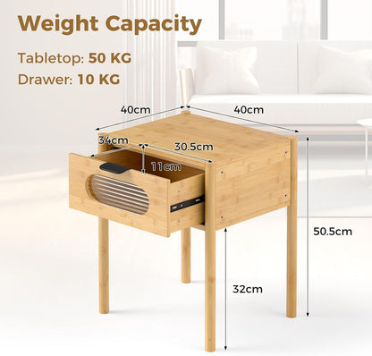 Giantex Bamboo Nightstand Set of 2, Mid Century Modern Bedside Table with Tempered Glass Decorated Drawer, Boho End Table for Bedroom, Living Room and Small Spaces, 16" L x 16" W x 20" H, Natural