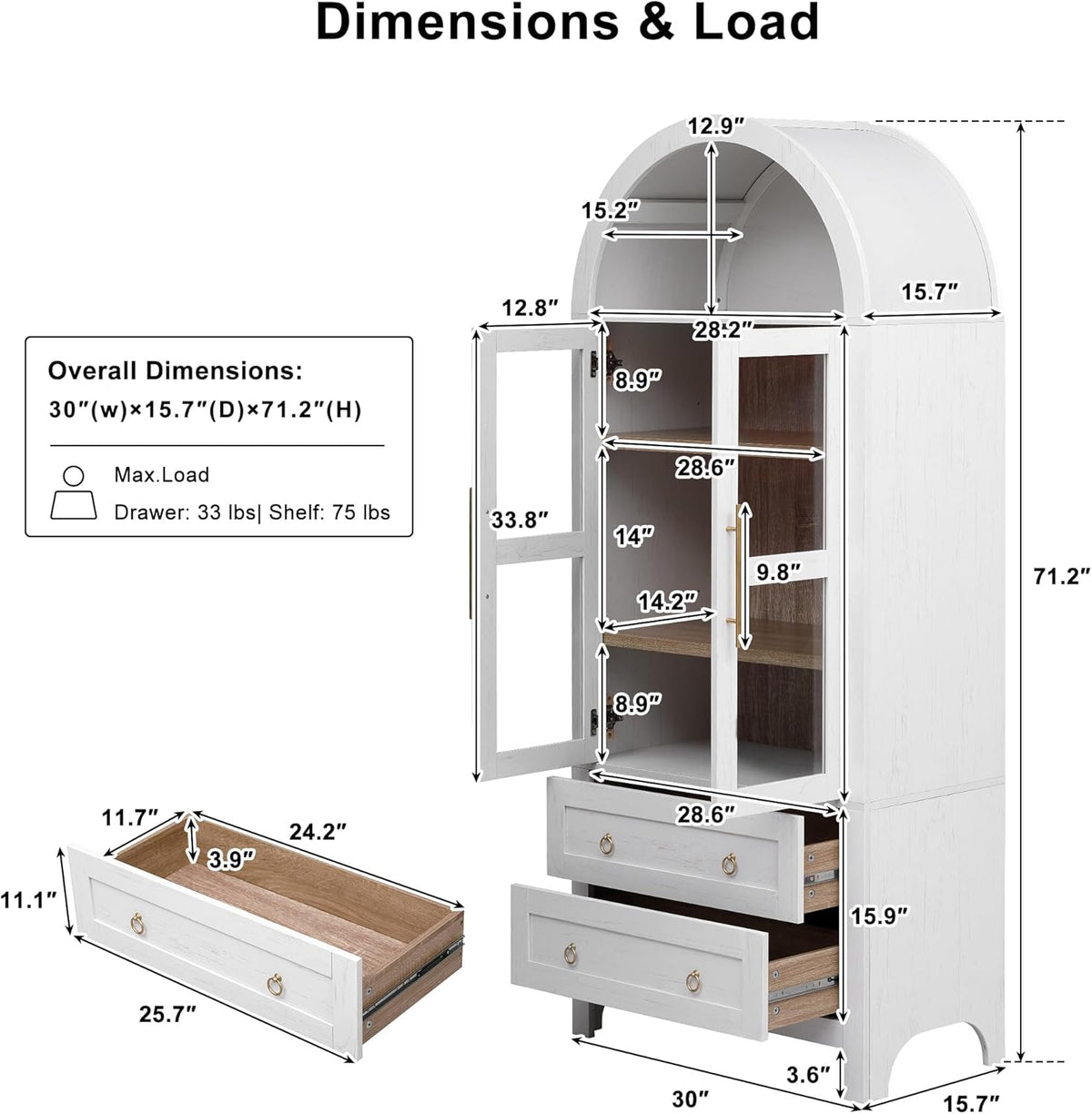 Merax 71" Tall Arched Farmhouse Pantry Cabinet with Glass Doors & 2 Large Drawers - Adjustable Shelves, Modern Kitchen Storage Cupboard for Dining Room, Living Room (30" W x 15.75" D), White