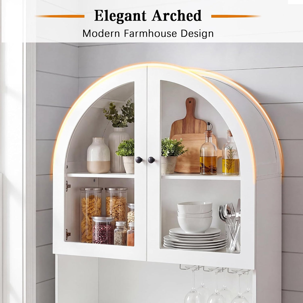 75" Farmhouse Tall Arched Pantry Cabinet with Charging Station, White | Adjustable Shelves, Open Countertop, Barn Door Lower Cabinet, Tempered Glass Display – Versatile Storage for Kitchen