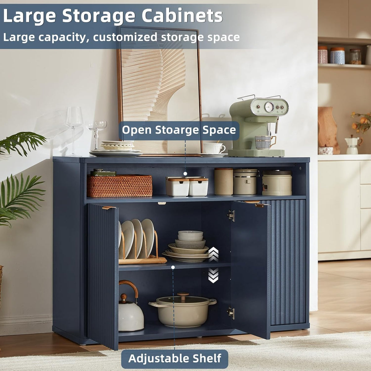 LEYAOYAO Fluted Buffet Cabinet with Storage, 45" Wide Wood Sideboard Credenza with 3 Doors & Open Storage Shelf, Modern Kitchen Console Accent Cabinets, Coffee Bar Table for Dining Room, Dark Blue