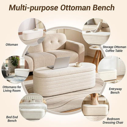 Ottoman with Storage 45.5" Storage Ottoman Bench White | Teddy Upholstered Entryway Bench Hidden Storage, No Assembly, Cozy, for Living Room, Bedroom, Apartment