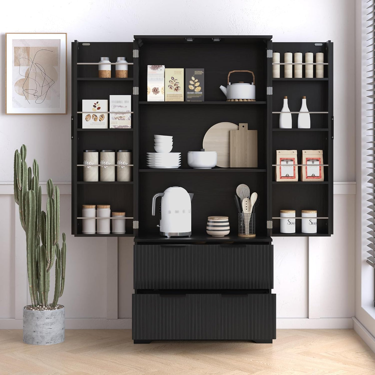 Polibi 72" Fluted Kitchen Pantry Cabinet with Drawers & 3 Shelves,Black | 8 Built-In Door Spice Racks. Sturdy MDF,Freestanding Storage Organizer for Kitchen Dining Room