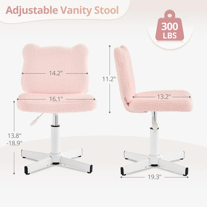 LUE BONA Upgraded Cute Bear Ear Vanity Chair for Teen Girls, Height Adjustable 13.8"-18.9" 360° Swivel Stool with Back Support, Stain Resistant Black Foot Caps, Teddy Velvet, 350lbs, Light Pink
