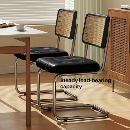 Rattan Dining Chairs Set of 2, Modern Dining Room Chairs with Solid Wood for Kitchen Living Room, Mid Century Comfy Chairs, Upholstered Faux Leather Black