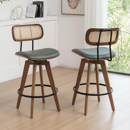 26" Rattan Bar Stools Set of 2, Faux Leather Counter Height Swivel Barstools with Rattan Backrest/Wooden Legs,Armless Mid Century Modern Bar Chairs for Kitchen/Dining Room/Bar Chairs,Green PU