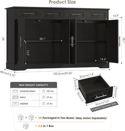 HOSTACK 60" W Sideboard Buffet Cabinet with Storage, Kitchen Cabinet, Black