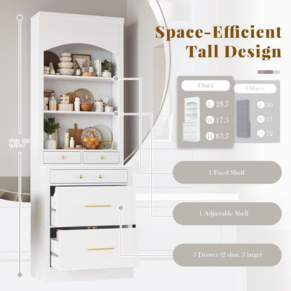 Set of 2 Tall Kitchen Pantry Storage Cabinet with Faux Marble Top, Freestanding Pantry Cabinet with 5 Storage Drawers and Adjustable Shelf Modern Kitchen Hutch Display Cupboard Food Cabinets, White