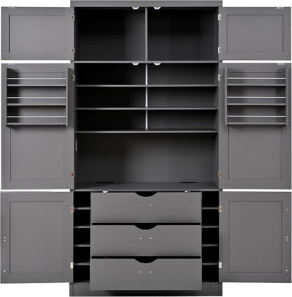 Kitchen Pantry Cabinet, Freestanding Tall Cupboard Storage Cabinet with Power Outlets, Adjustable Shelves and Door Shelves for Living Room, Kitchen (Grey)