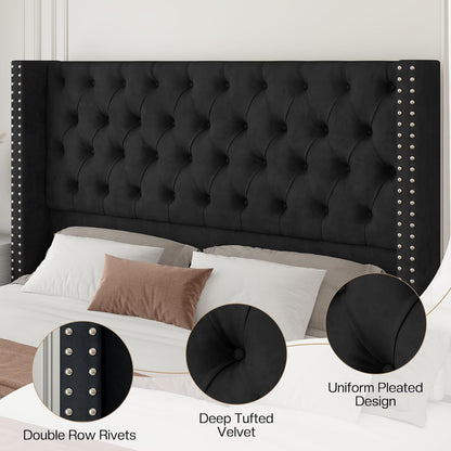 Jocisland Queen Size Bed Frame with 51.6" Velvet Wingback Headboard, Black