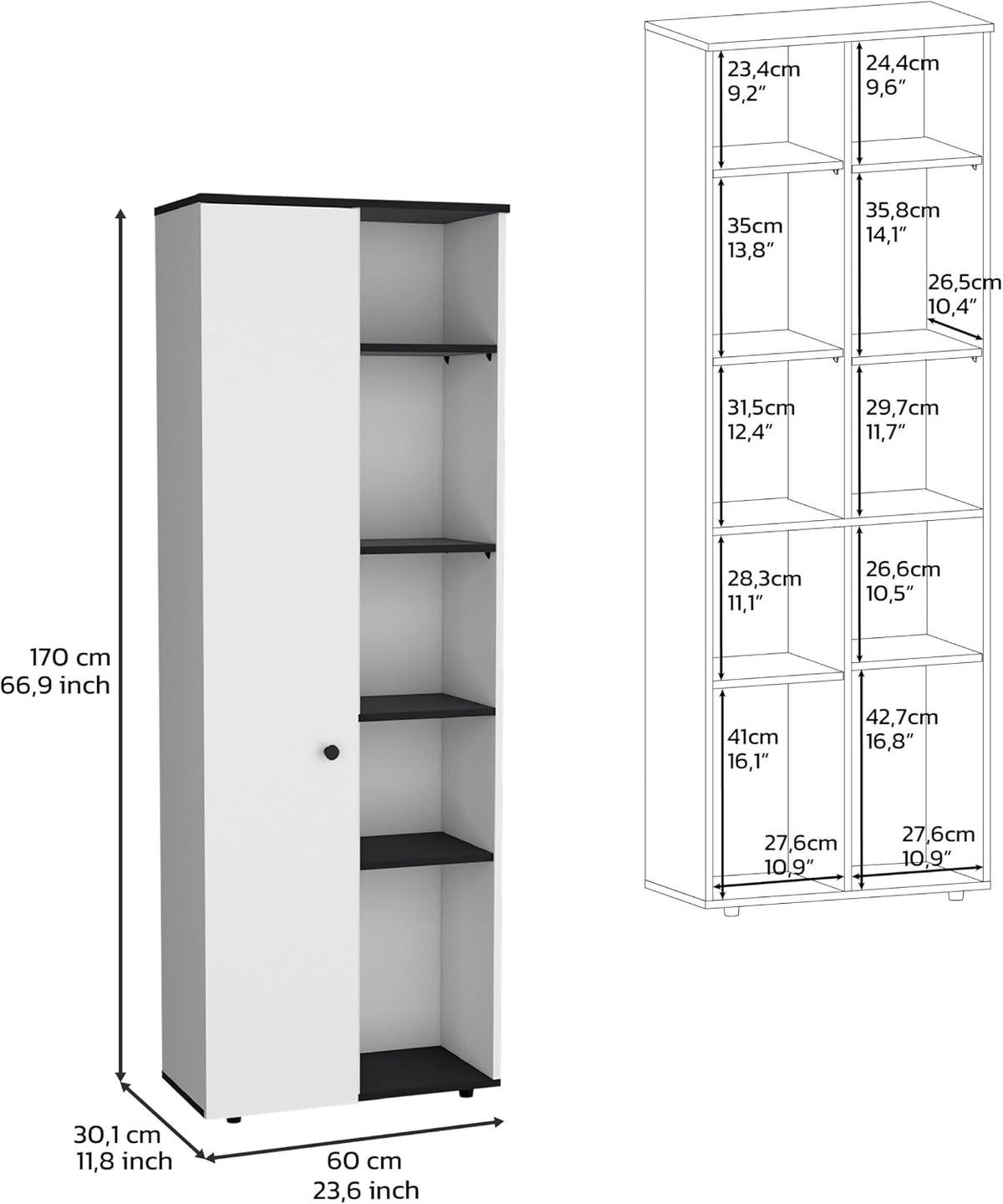 67" H Kitchen Storage Cabinet with One Door, Five Interior Shelves and Five Exterior Shelves,White/Black