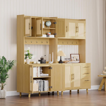 71" Tall Kitchen Pantry Cabinet, Freestanding Rattan Boho Hutch with Microwave Shelf, 3 Drawers & 6 Hooks for Kitchen, Living & Dining Room Storage-Natural
