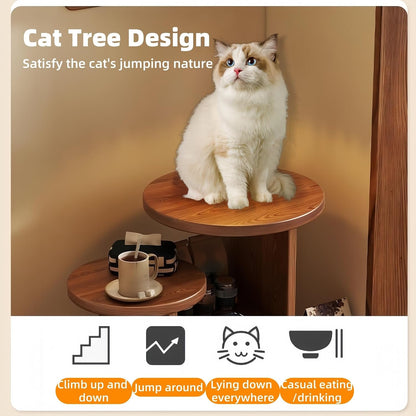 Cat Tree and End Tables, Cat Nightstand, Wooden Round Side Table wiht Cats Houses, Small Bedside Table with 3-Tier Storage Shelves, Modern Cats Furniture for Living Room Bedroom(Brown)