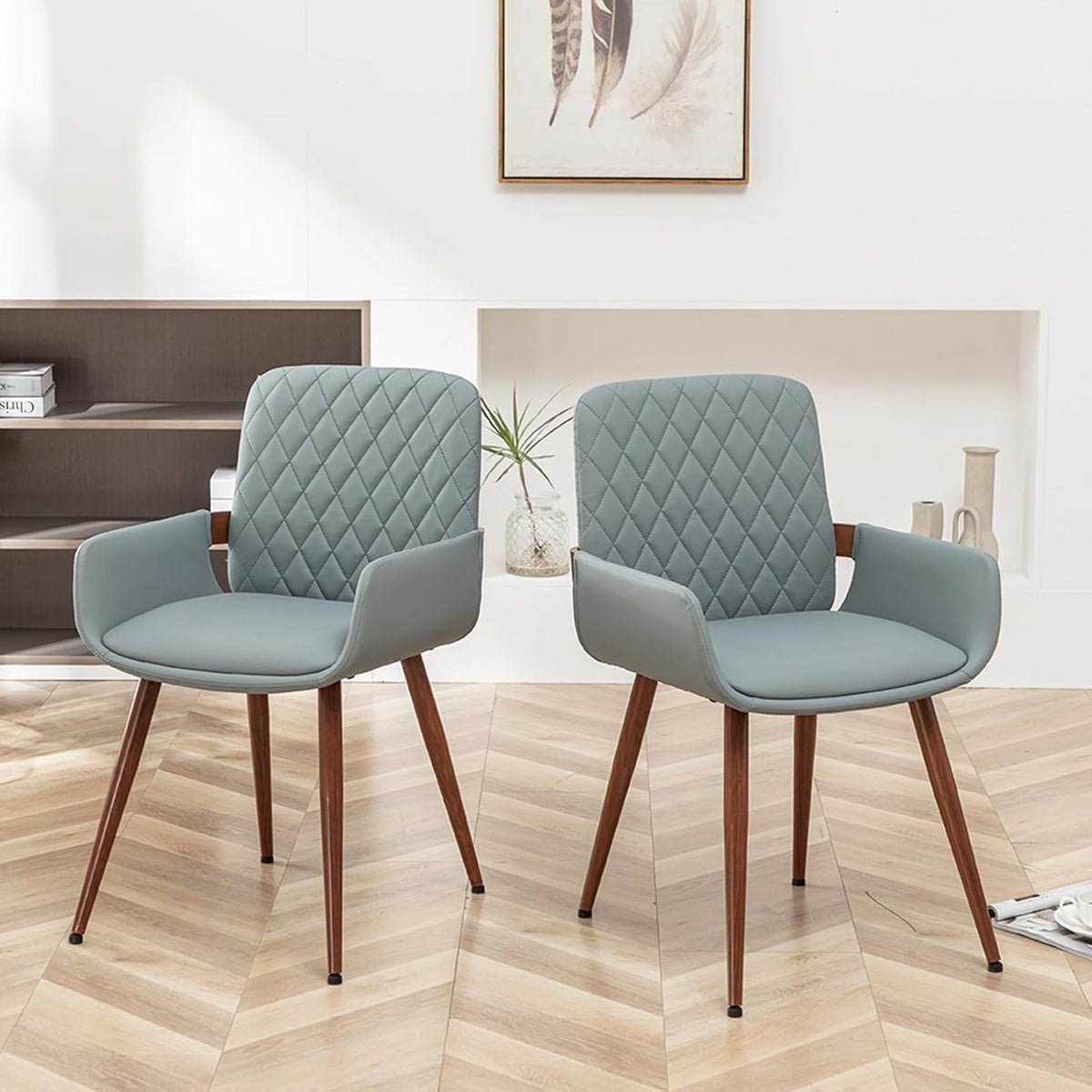 LUNLING Mid Century Modern Faux Leather Dining Room Chairs Set of 4,Upholstered Seat Metal Legs Chairs Blue Faux Leather Kitchen Chair Reception Room Chair,4PCS