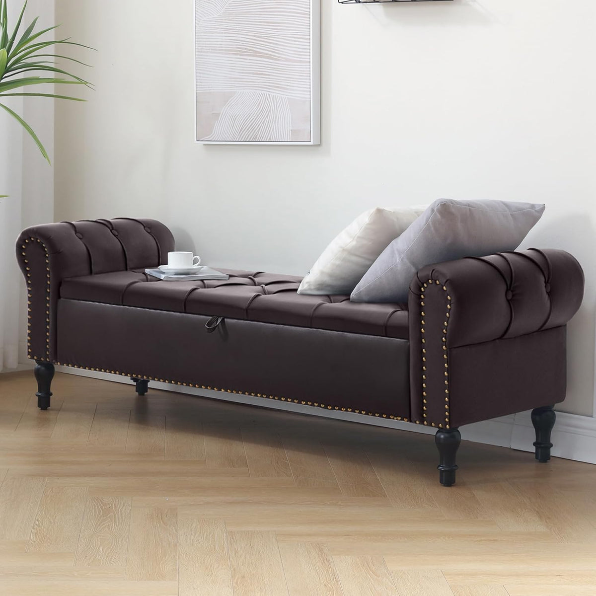 Faux Leather Storage Bench 67 Inch Upholstered Tufted Ottoman Bench with Arms Large Storage Space King Size End of Bed Bench for Bedroom Living Room Entryway Whiskey Coffee