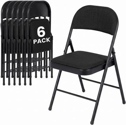 6 Pack Black Folding Chairs with Fabric Padded Cushion and Back | Comfortable Dining Chair Set with Metal Frame Indoor Outdoor Seat for Parties Home Office Events Wedding Extra Guest Seating