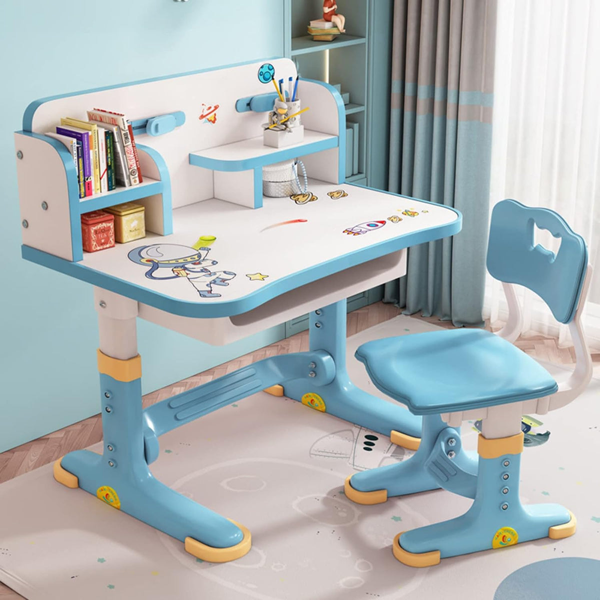 Height Adjustable Kids Desk and Chair Set, Upgraded Functional Desk and Chair Set, Kids School Desk, Writing Study Table for Girls Boys, Storage, Drawers, Bookshelf (Blue)