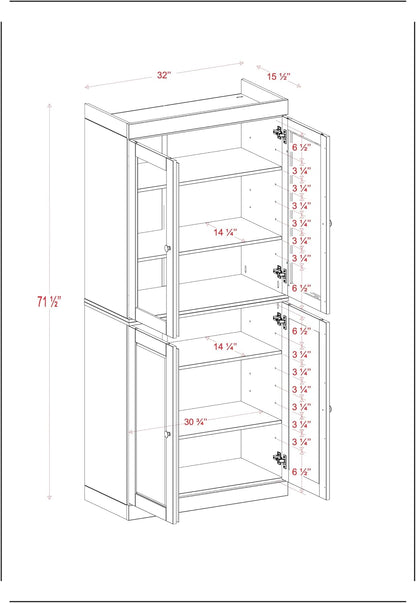 Palace Imports Solid Wood Tall Pantry Cabinet – 71.5" H x 32" W – Black Wooden Storage Cabinet for Kitchen w/Clear Glass/Shaker Doors & 4 Adjustable Shelves, 100% Eco-Friendly Wood, Made in Brazil