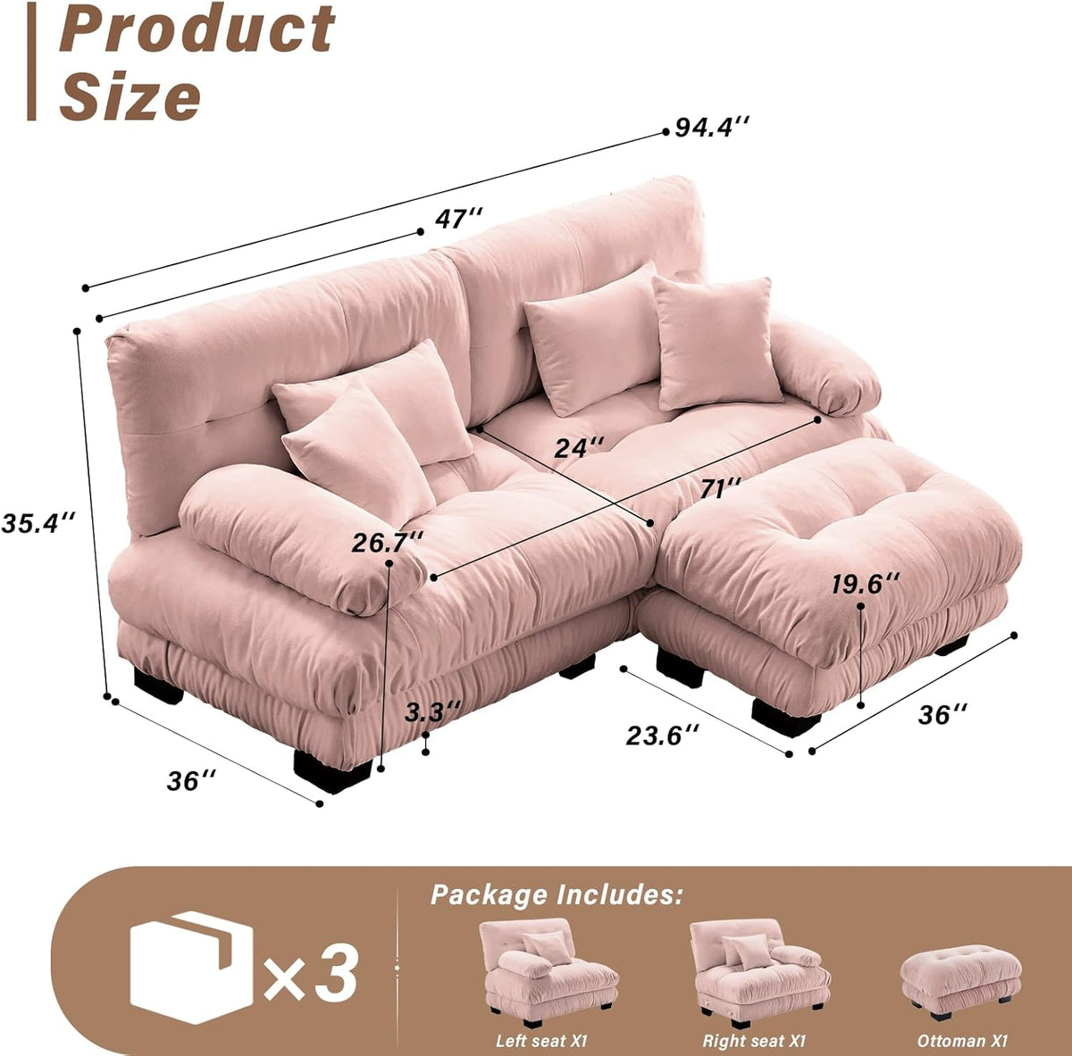 SoarFlash L Shaped Couches for Living Room, Small Sectional Sofa Set with Reversible Chaise, Modern Designed Sleeper Sofas and Modular Couch Function, Suitable for Small Spaces in Apartment, Pink