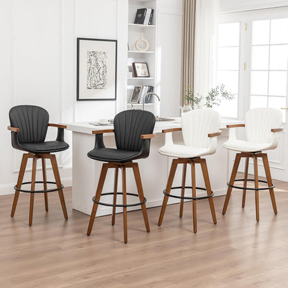 LUNLING 30” Bar Height Stools,Mid Century Modern Bar Stools,Black PU Leather Kitchen Island Stool,Wood High Barstools Swivel with Back and Arms for Home Bar Furniture,1PCS