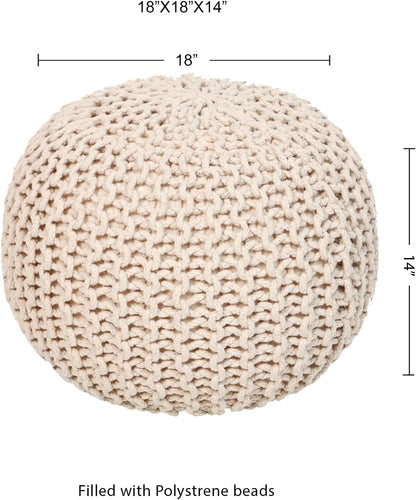 · REDEARTH · Round Pouf Ottoman - Hand Knitted Boho Poof Footrest - Ivory