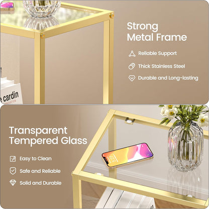 Glass Side Table, Tempered Glass End Table, 2-Tier Nightstands with Open Shelves, Small Coffee Table with Modern Style, Accent Table Small Table Sofa Table for Living Room, Bedroom,Gold