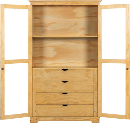 KUIKUI Kitchen Pantry Storage Cabinet, Pantry Cabinets for Kitchen Storage with Glass Doors and 4 Drawers, Natural, 44.7”L x 20”W x 75”H