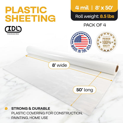 Plastic Sheeting 4 mil, 8' x 50' (400 sq.ft.), Pack of 4 - Thick Semi-Clear Plastic Sheeting for Construction, Painting, Drop Cloth, Slide&Slip - Heavy Duty LDPE Film Roll by IDL Packaging