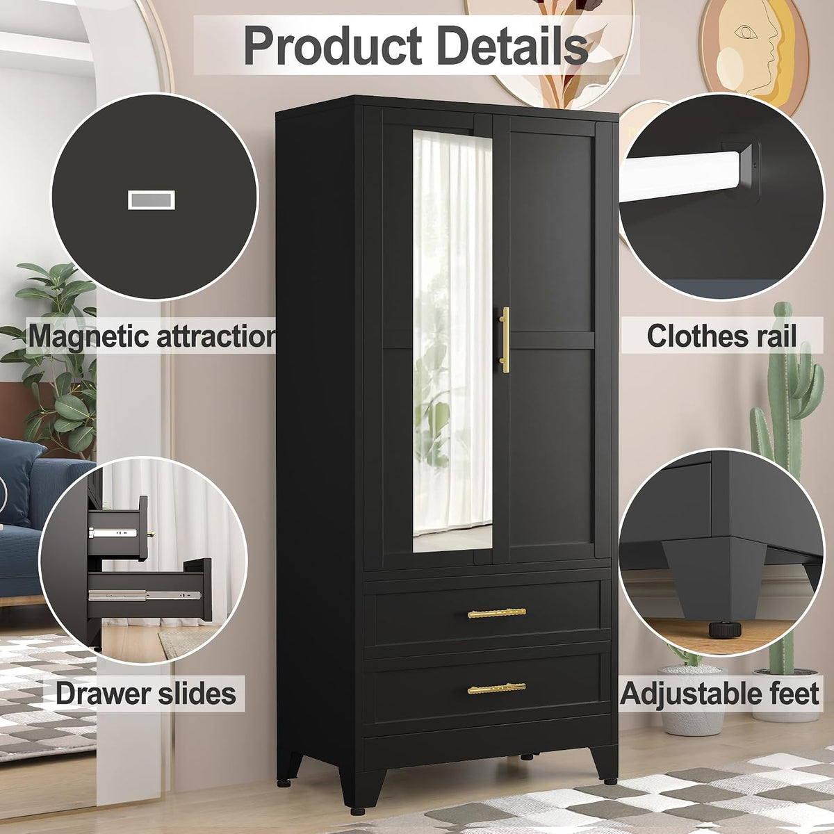RIETERN Metal Armoire Wardrobe Closet, 71" Tall Bedroom Closet with Mirror, 2 Drawers, Adjustable Shelves, and Hanging Rod, Steel Clothes Closets and Storage, for Bedroom Black