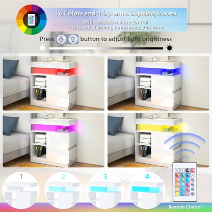 Verano Garden LED High Gloss End Table with Charging Station, Sofa Side Table with Drawer and Adjustable Shelf, Wood Bedside Table Nightstand with LED Light, Modern Side Table for Living Room, Bedroom